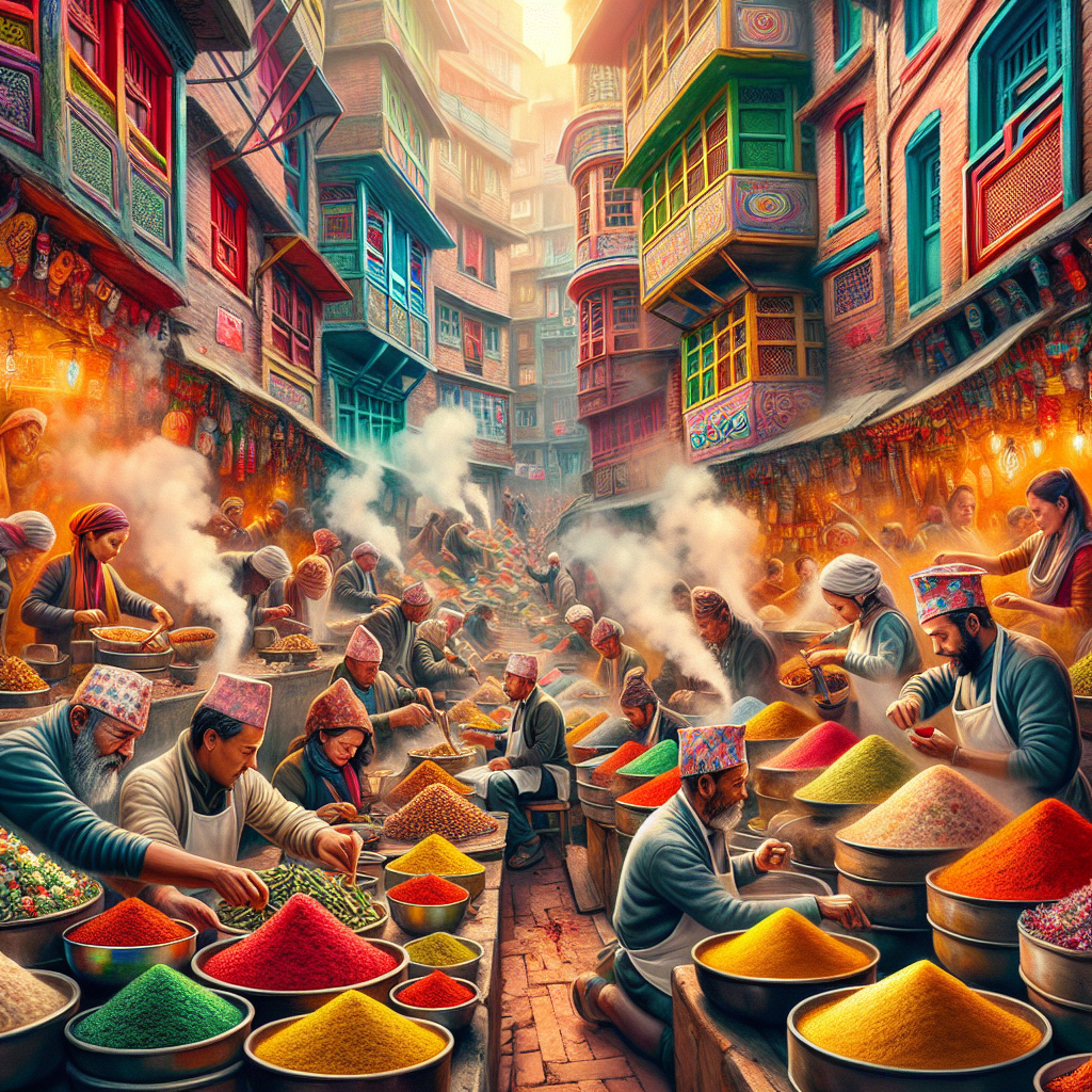 A vibrant street food market in Kathmandu with colorful spices, momo dumplings, and local vendors.
