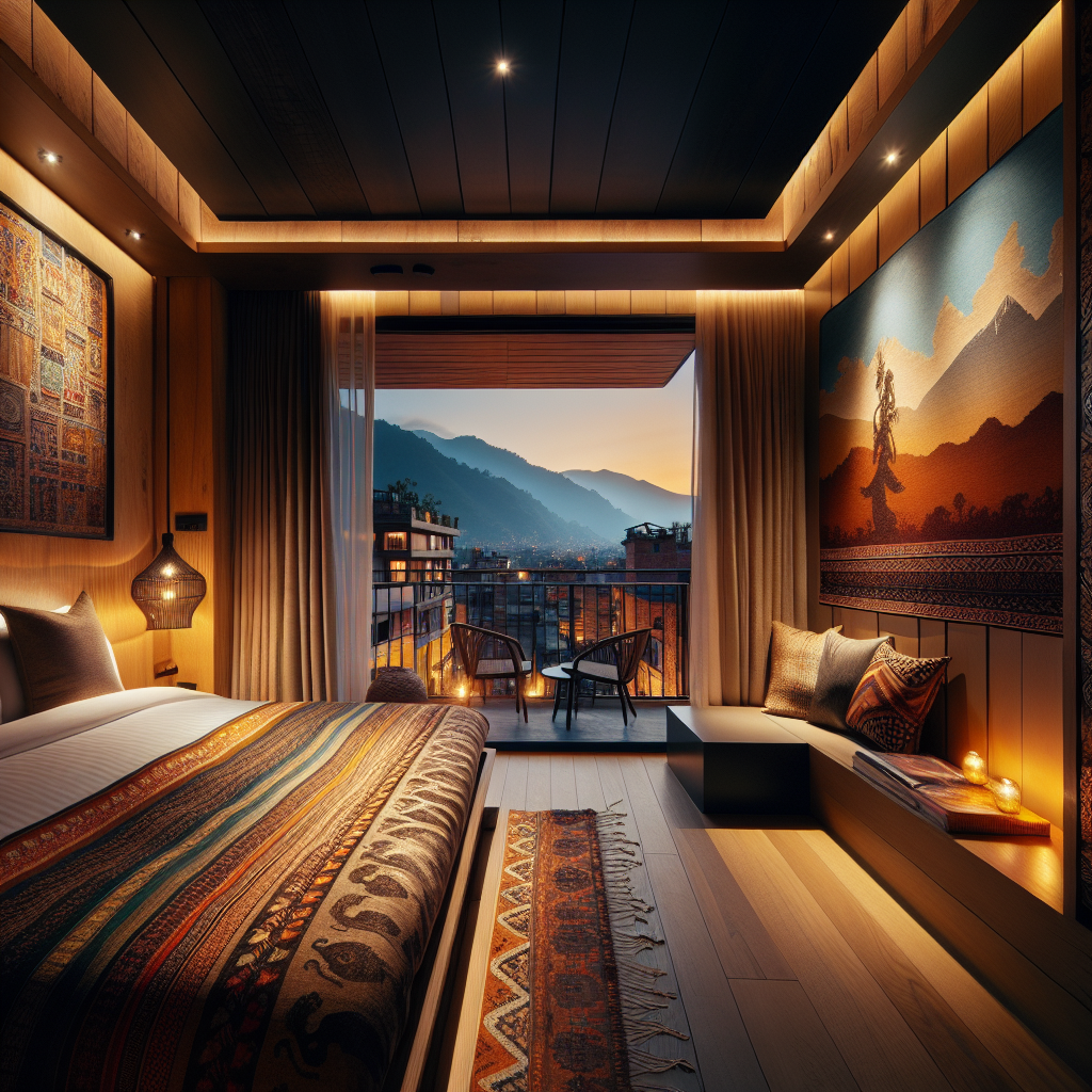 Moderne boutique-hotellrom i Kathmandu med balkong mot fjell, varm kveldsbelysning, nepalanske tekstiler og en rolig urban atmosfære
