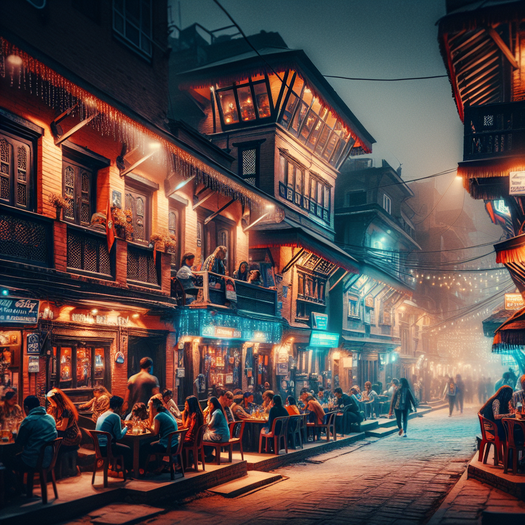 Stemningsfull nattescene i Kathmandu: en travel, fargerik gate med barer og live-musikk, lokale og reisende som hygger seg, myk varm belysning, autentisk sørasiatisk arkitektur