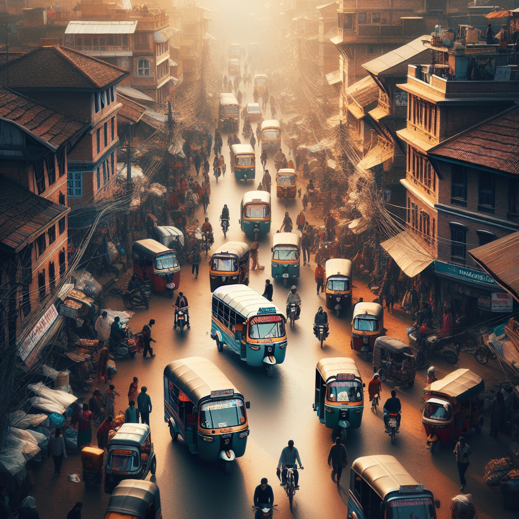 Oversiktsbilde av en travel gate i Kathmandu med tuk-tuk, lokal buss og gående reisende, mykt morgenlys, dokumentarisk stil, varme farger