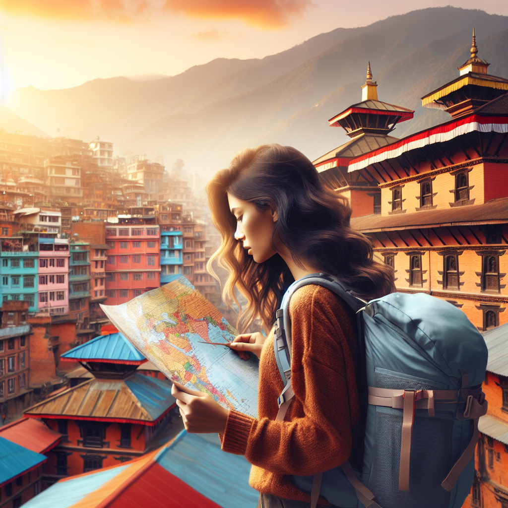 Fotografi av en reisende med lett sekk som ser på kart foran fargerike nepalske bygninger, solnedgang, urban og fjellandskap i bakgrunnen, varm fargepalett, reise-følelse