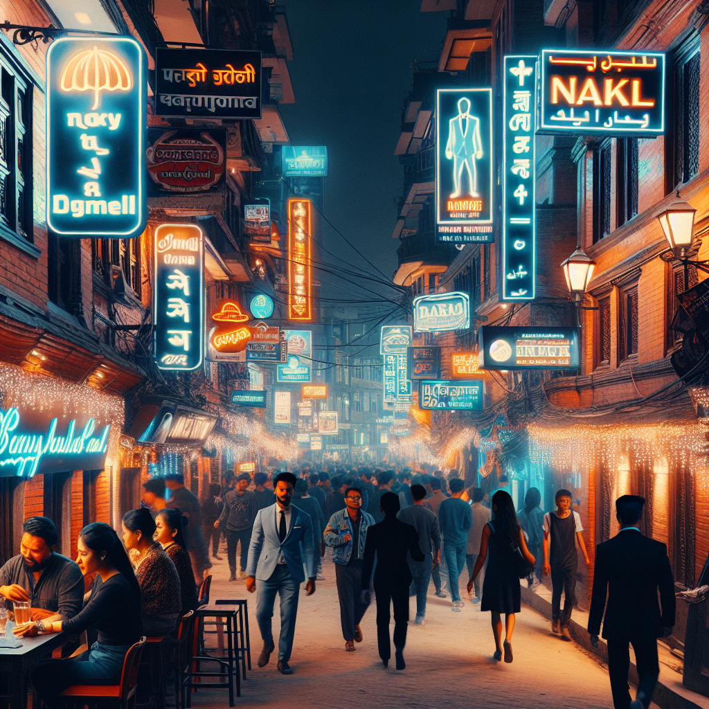 Nattlig gate i Thamel, Kathmandu med varme lysskilt, mennesker som går til barer og live-musikk, trygg og stemningsfull atmosfære