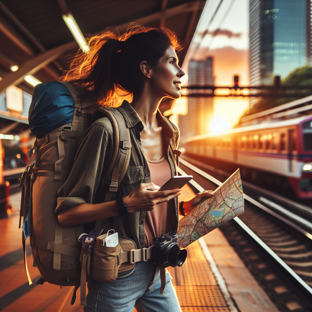 En energisk reisende med lett ryggsekk på en togplattform i solnedgang, kart og mobil i hånd, urban bakgrunn, varm fargepalett, moderne reisevibes
