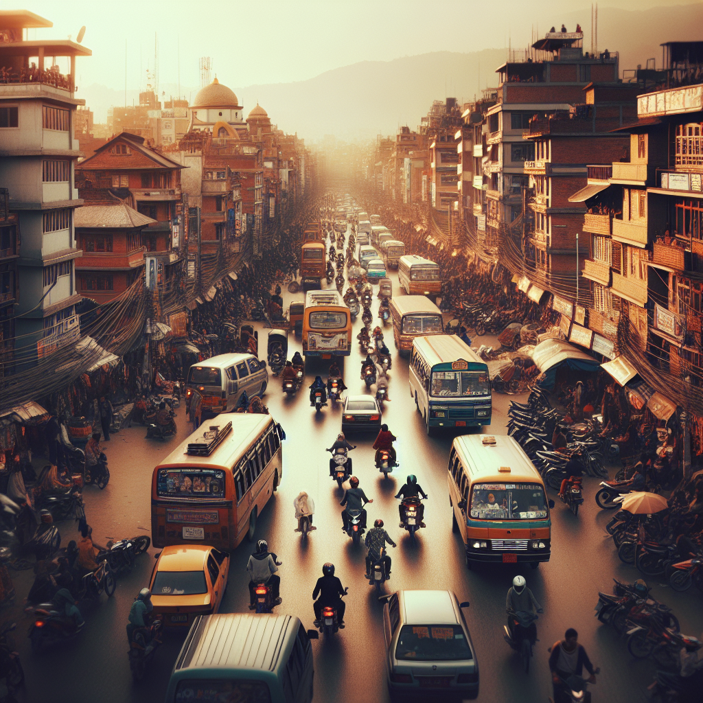 Oversiktsbilde av travelt bymiljø i Kathmandu, blanding av busser, taxier og motorsykler, varme farger, autentisk gatestemning, fokus på bevegelse og lokal kultur