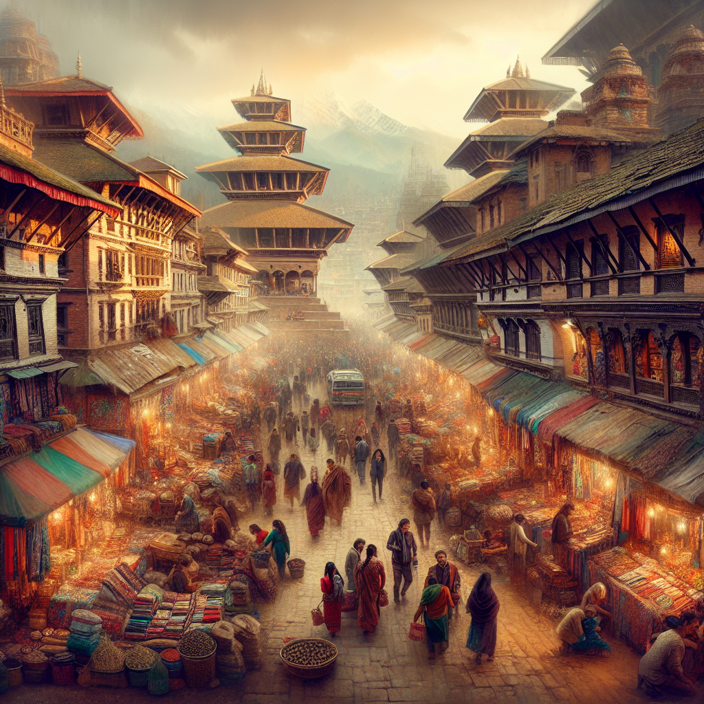 Fargerikt marked i Kathmandu med boder som selger tekstiler, krydder og håndverk, lokalt lys, travle handlende og tradisjonell arkitektur i bakgrunnen