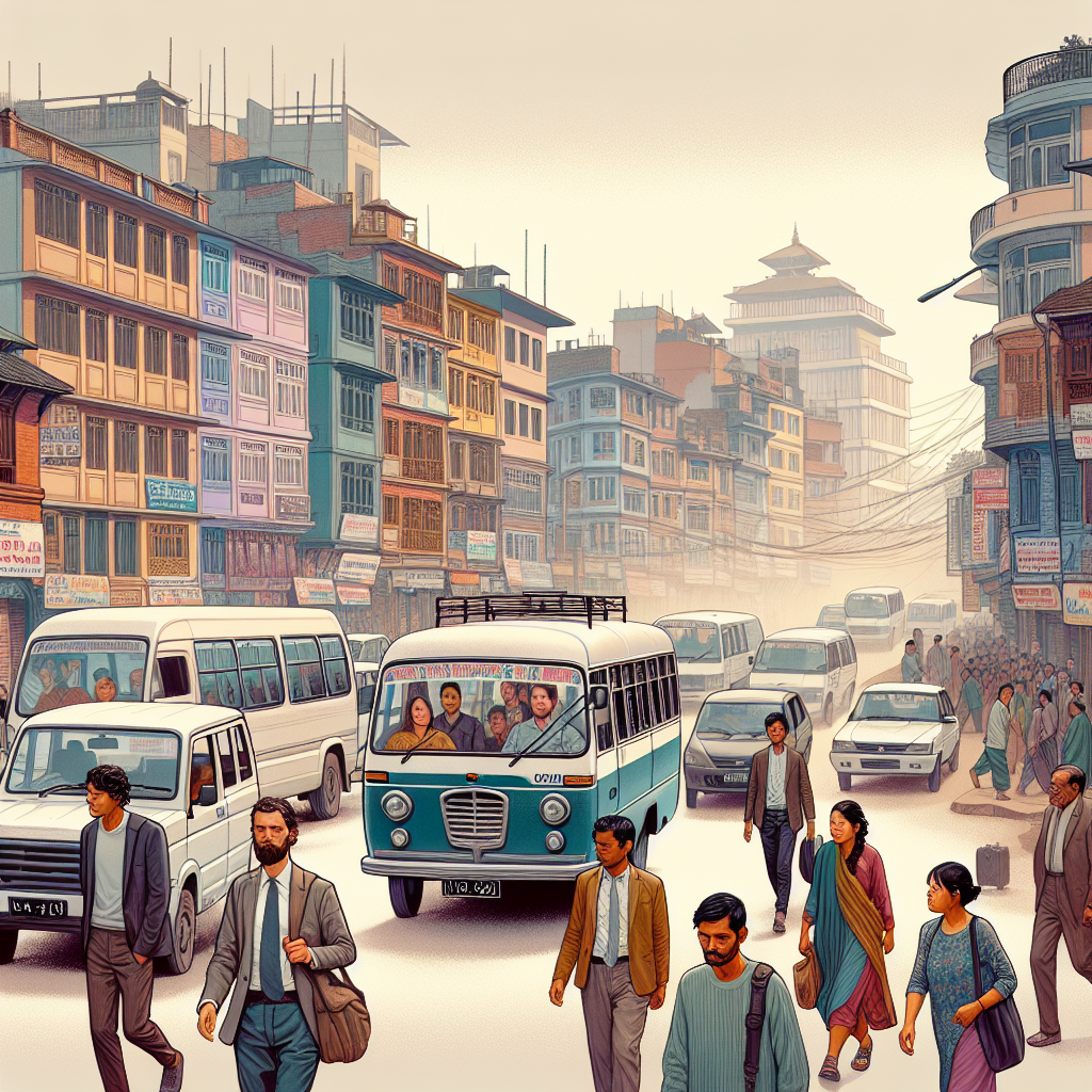Gatebilde fra Kathmandu ved dagtid: blanding av minibuss, taxi og gående mennesker, fargerike bygninger, litt støv i luften, realistisk stil