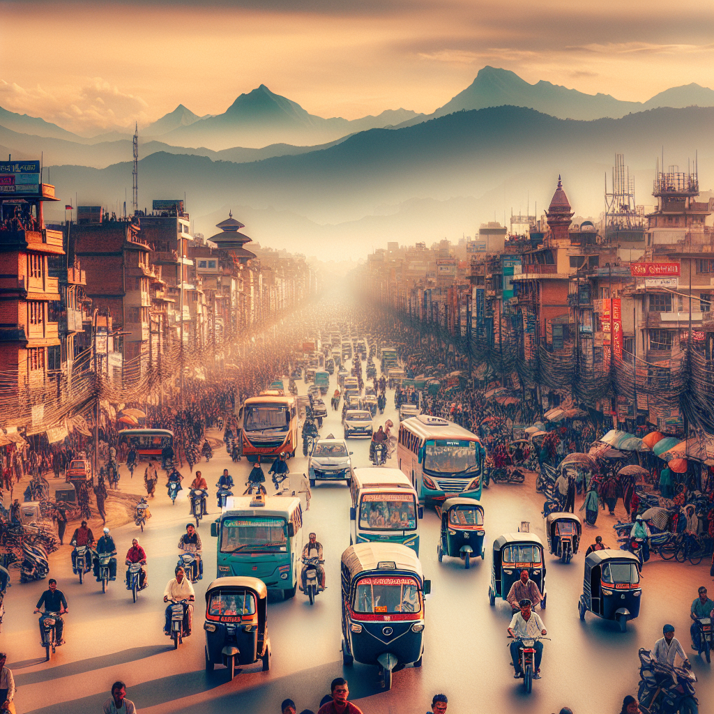 Oversiktsbilde av travle gater i Kathmandu ved dagtid: tuk-tuks, lokale busser og fjell i bakgrunnen, livlig men organisert, varm fargepalett
